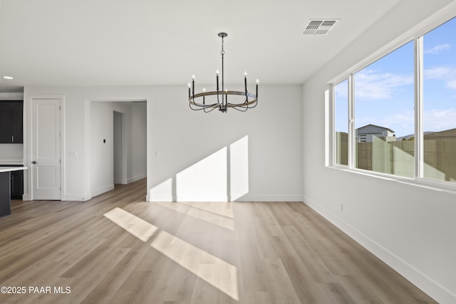 unfurnished dining area featuring a chandelier and light wood-type flooring