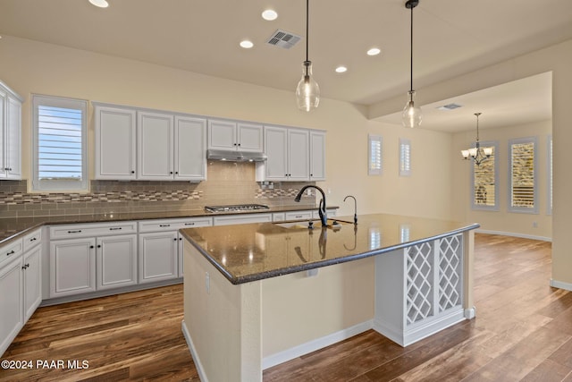 kitchen with wood-type flooring, sink, and a kitchen island with sink