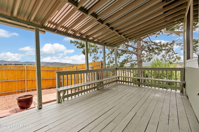 deck featuring a mountain view and a fenced backyard