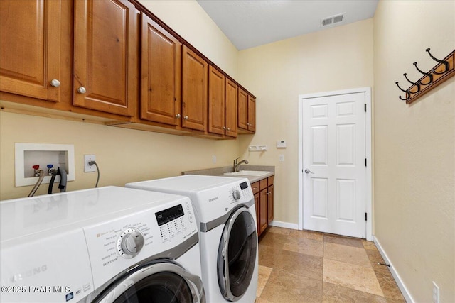 5560 W Halcyone Cir, Prescott, AZ 86305 - laundry area with separate washer and dryer, a sink, visible vents, baseboards, and cabinet space