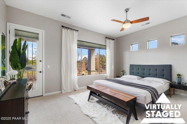 5560 W Halcyone Cir, Prescott, AZ 86305 - bedroom featuring access to exterior, baseboards, visible vents, and light colored carpet