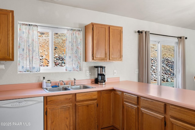 kitchen featuring dishwasher, light countertops, and a sink