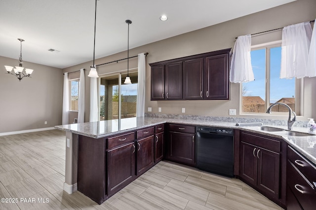 kitchen featuring a sink, dark brown cabinetry, a peninsula, dishwasher, and a chandelier