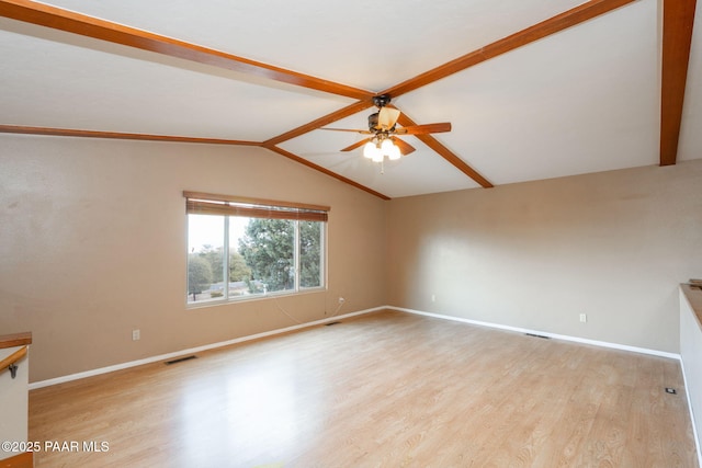 empty room featuring ceiling fan, lofted ceiling with beams, and light wood-type flooring