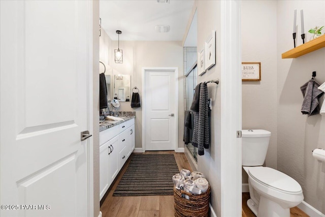 bathroom with toilet, vanity, and hardwood / wood-style floors