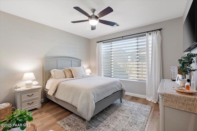 bedroom with ceiling fan and light hardwood / wood-style flooring