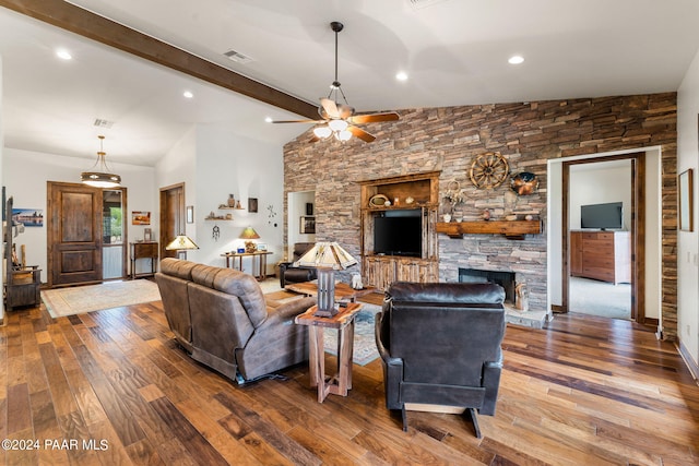 living room featuring a fireplace, lofted ceiling with beams, hardwood / wood-style flooring, and ceiling fan