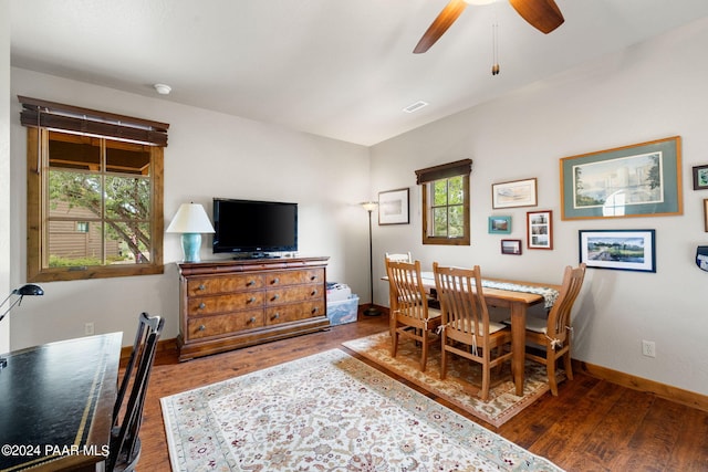 dining space featuring ceiling fan and hardwood / wood-style floors