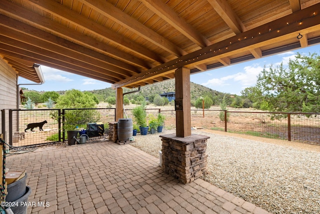 view of patio featuring a mountain view