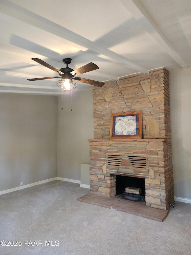 1024 W Copper Basin Rd, Prescott, AZ 86303 - unfurnished living room with a stone fireplace, carpet floors, and ceiling fan