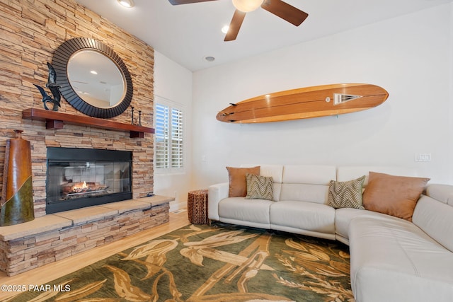 1671 W Catim Way, Prescott, AZ 86305 - living room featuring ceiling fan, wood finished floors, a fireplace, and recessed lighting