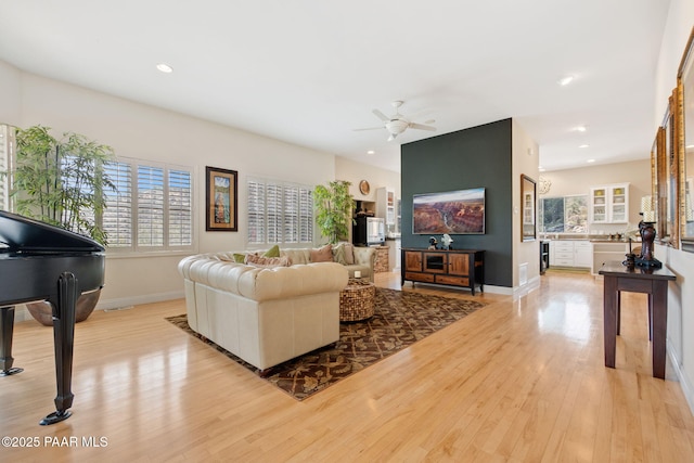 1671 W Catim Way, Prescott, AZ 86305 - living room featuring a ceiling fan, light wood-style flooring, and recessed lighting