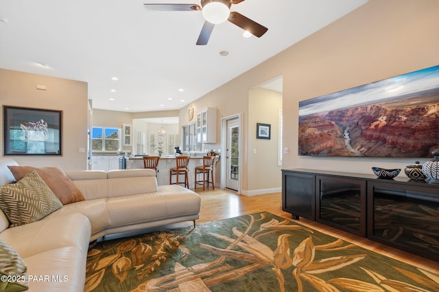 1671 W Catim Way, Prescott, AZ 86305 - living area featuring light wood-type flooring, a ceiling fan, and recessed lighting
