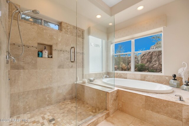 1671 W Catim Way, Prescott, AZ 86305 - bathroom with a garden tub, a stall shower, plenty of natural light, tile patterned floors, and recessed lighting