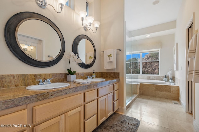 1671 W Catim Way, Prescott, AZ 86305 - bathroom with a garden tub, double vanity, tile patterned flooring, a stall shower, and recessed lighting