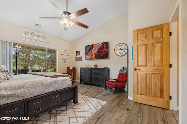 5570 N Pierce Ln, Prescott Valley, AZ 86314 - bedroom featuring light wood-style floors, baseboards, high vaulted ceiling, and a ceiling fan
