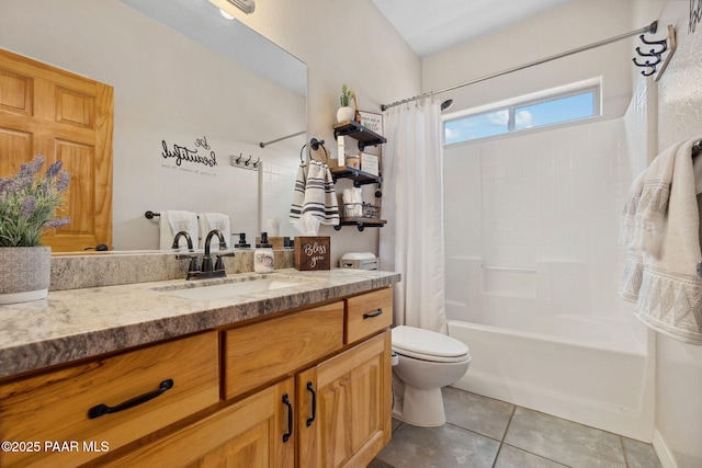 5570 N Pierce Ln, Prescott Valley, AZ 86314 - full bathroom featuring toilet, vanity, shower / bath combination with curtain, and tile patterned floors
