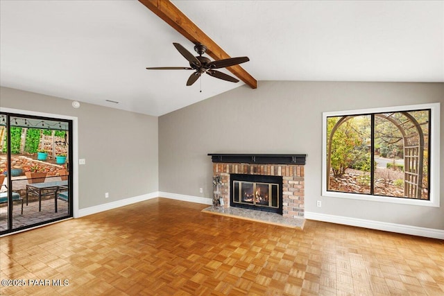 1141 Deerfield Rd, Prescott, AZ 86303 - unfurnished living room featuring plenty of natural light, a ceiling fan, a fireplace, and baseboards