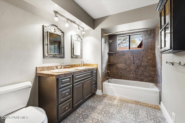 1141 Deerfield Rd, Prescott, AZ 86303 - full bathroom featuring toilet, shower / tub combination, double vanity, and baseboards