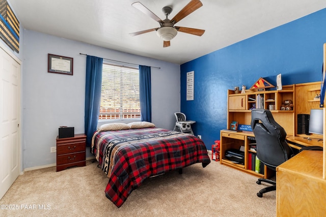 bedroom featuring carpet floors and ceiling fan