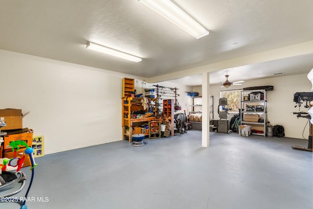 garage with ceiling fan
