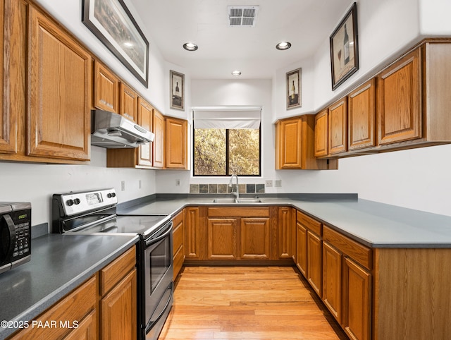 22891 S Lakewood Dr, Yarnell, AZ 85362 - kitchen featuring brown cabinetry, visible vents, stainless steel electric range, a sink, and under cabinet range hood