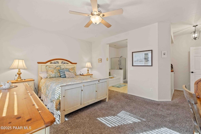 bedroom with carpet floors, baseboards, and a ceiling fan