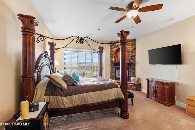 1591 Northridge Dr, Prescott, AZ 86301 - carpeted bedroom with ceiling fan and decorative columns