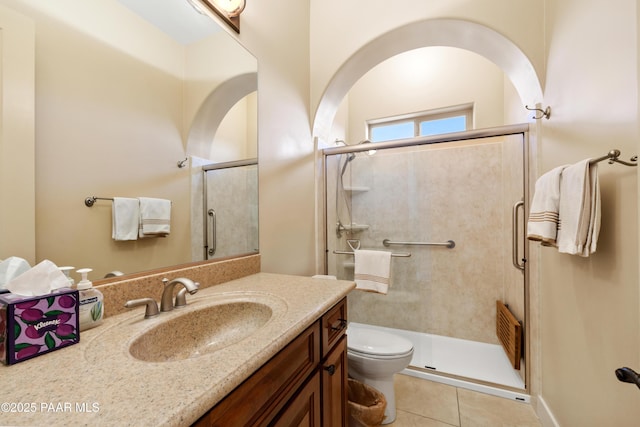 1591 Northridge Dr, Prescott, AZ 86301 - bathroom featuring vanity, toilet, an enclosed shower, and tile patterned flooring