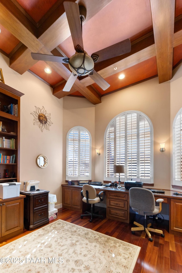 1591 Northridge Dr, Prescott, AZ 86301 - office space with beam ceiling, ceiling fan, built in desk, and dark hardwood / wood-style flooring