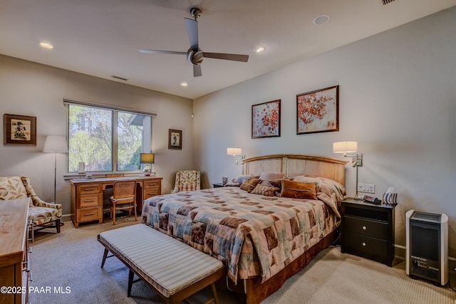 1690 Stable Rock Rd, Prescott, AZ 86303 - bedroom with recessed lighting, ceiling fan, visible vents, light carpet, and baseboards
