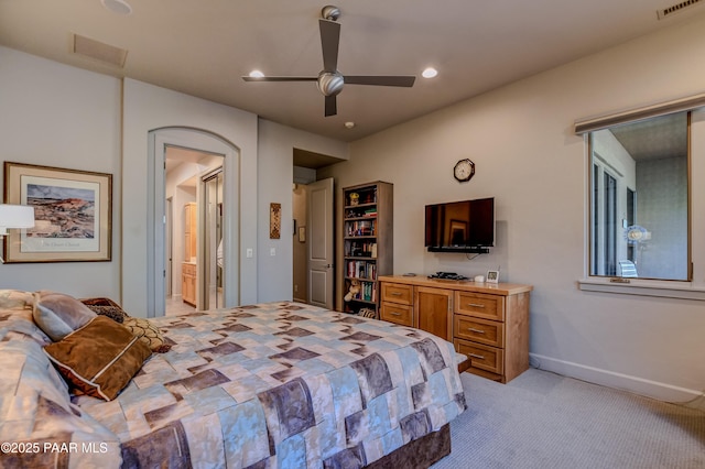 1690 Stable Rock Rd, Prescott, AZ 86303 - bedroom with visible vents, recessed lighting, ensuite bath, and light carpet