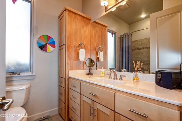 1690 Stable Rock Rd, Prescott, AZ 86303 - bathroom with toilet, a shower with shower curtain, vanity, and baseboards