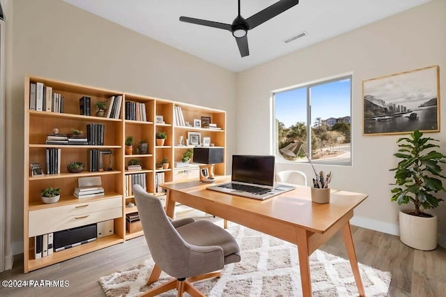 office area featuring ceiling fan and light wood-type flooring