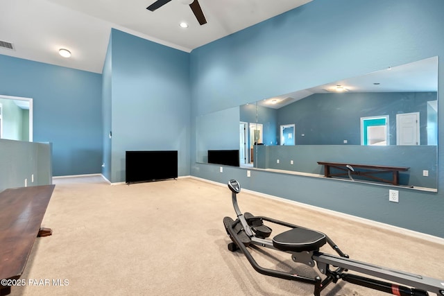 12673 E Amor St, Dewey-Humboldt, AZ 86327 - workout area featuring ceiling fan, carpet, vaulted ceiling, baseboards, and recessed lighting