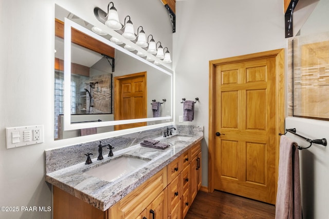 bathroom with hardwood / wood-style floors and vanity