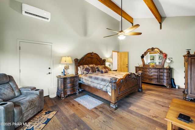 bedroom featuring dark hardwood / wood-style flooring, high vaulted ceiling, a wall unit AC, ceiling fan, and beam ceiling