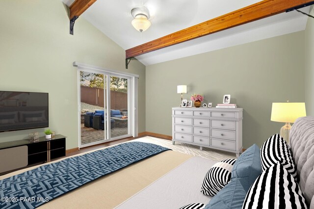 rec room featuring ceiling fan, wood-type flooring, pool table, and lofted ceiling with beams