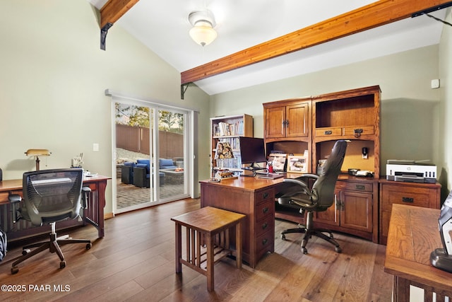 home office with dark wood-type flooring and lofted ceiling with beams