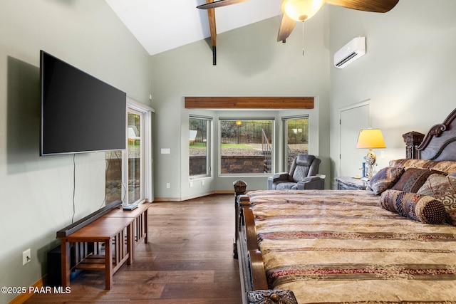 bedroom featuring dark hardwood / wood-style floors, a wall mounted AC, access to exterior, and high vaulted ceiling