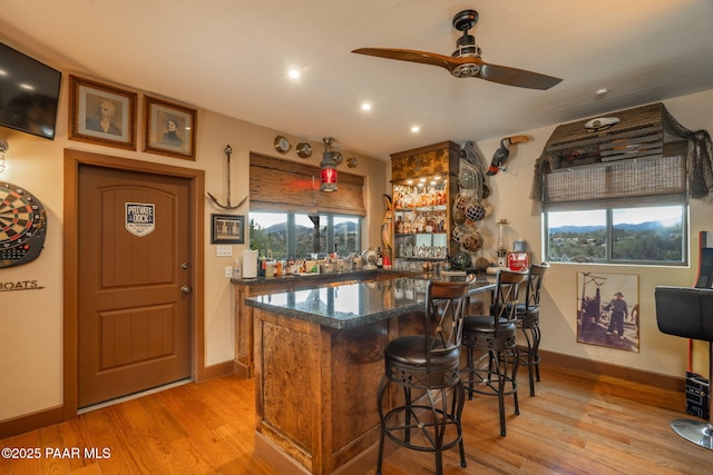 4995 Cactus Pl, Prescott, AZ 86301 - indoor wet bar with ceiling fan, light wood finished floors, recessed lighting, and baseboards