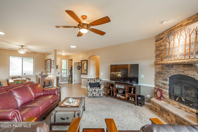 4995 Cactus Pl, Prescott, AZ 86301 - living room with a ceiling fan, tile patterned flooring, and arched walkways