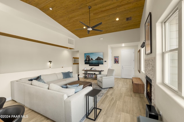 living room featuring wooden ceiling, high vaulted ceiling, ceiling fan, a fireplace, and light hardwood / wood-style floors