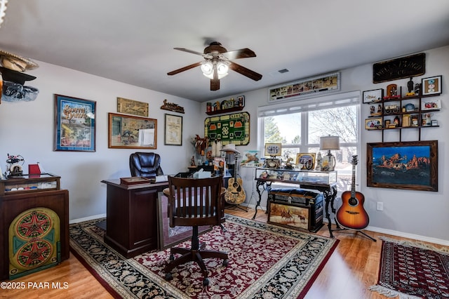 office with visible vents, baseboards, a ceiling fan, and wood finished floors