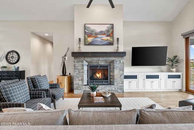 living room featuring a fireplace and wood finished floors