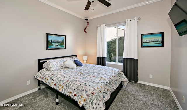 carpeted bedroom featuring ceiling fan and ornamental molding