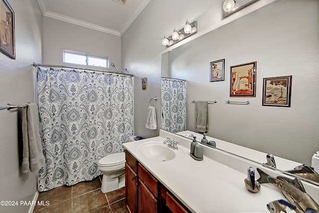 bathroom with vanity, tile patterned floors, toilet, ornamental molding, and curtained shower