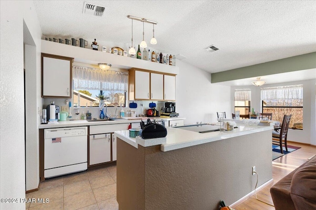 kitchen with white dishwasher, a textured ceiling, and a wealth of natural light