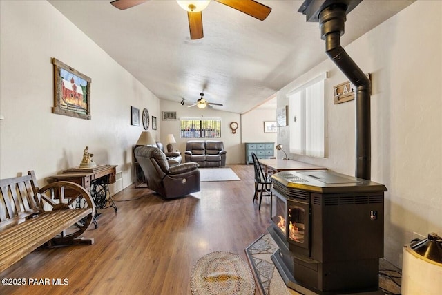 1819 Mountain View Ln, Prescott, AZ 86301 - living room featuring a wood stove, ceiling fan, wood finished floors, and lofted ceiling