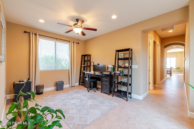 1646 Constable St, Prescott, AZ 86301 - office space featuring arched walkways, a ceiling fan, recessed lighting, and tile patterned flooring